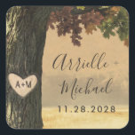 Fall Carved Oak Tree Country Rustic Wedding Favor Square Sticker<br><div class="desc">Design features a unique oak tree with fall leaves in shades or red,  burgundy,  green,  yellow,  orange and more. The background features a country rustic wheat field setting. Carve the initials of your choice into the carved heart on the tree.</div>