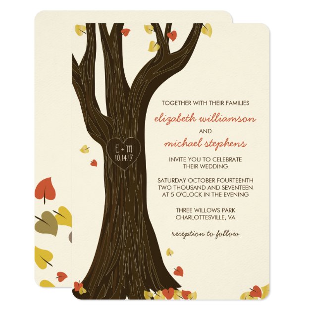 Fall Carved Tree And Leaves Wedding Invitation