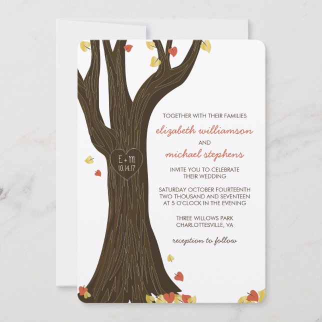 Fall Carved Tree and Leaves Wedding Invitation (Front)