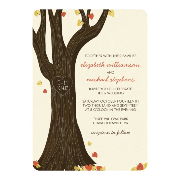 Fall Carved Tree And Leaves Wedding Invitation