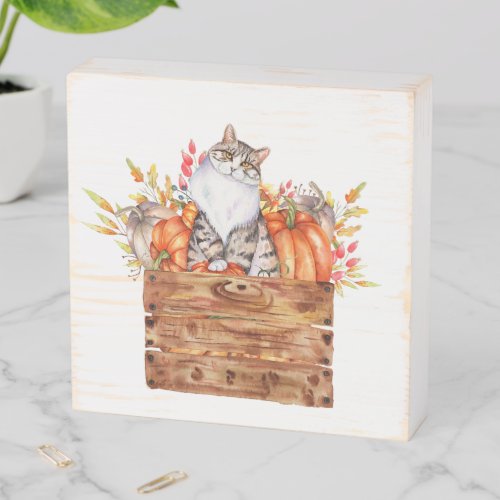 Fall cat and pumpkins in box 