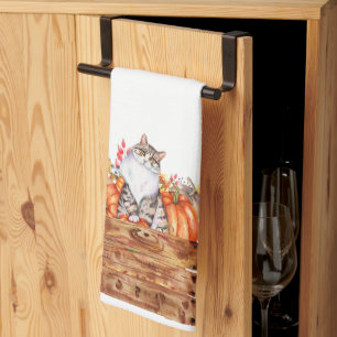 Fall cat and pumpkins in box kitchen towel