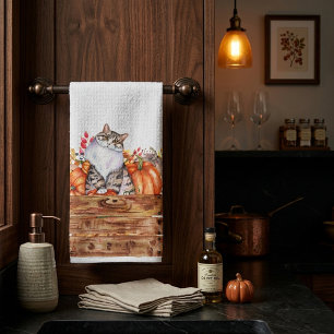 Fall cat and pumpkins in box kitchen towel