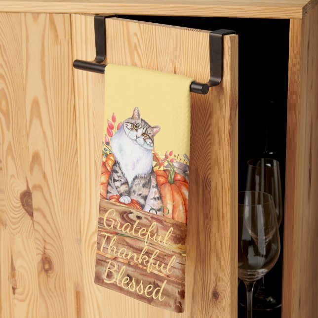 Fall cat and pumpkins in box  kitchen towel (Thirds Fold)