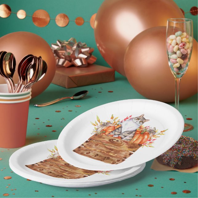 Fall cat and pumpkins in box  paper plates (Multi)