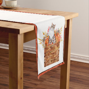 Fall cat and pumpkins in box short table runner