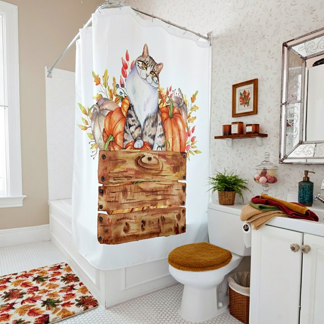 Fall cat and pumpkins in box  shower curtain (Creator Uploaded)