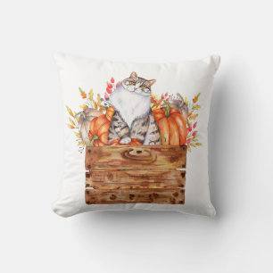 Fall cat and pumpkins in box throw pillow