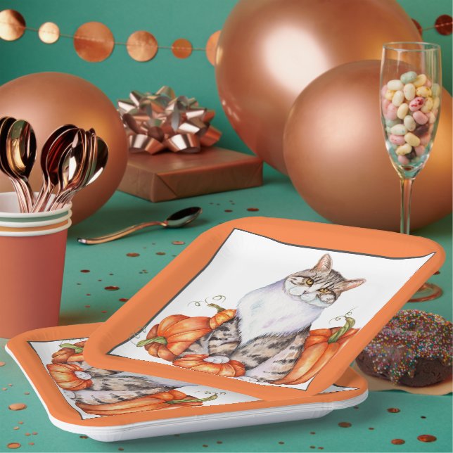 Fall cat and pumpkins paper plates (Multi)