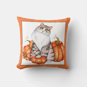Fall cat and pumpkins throw pillow