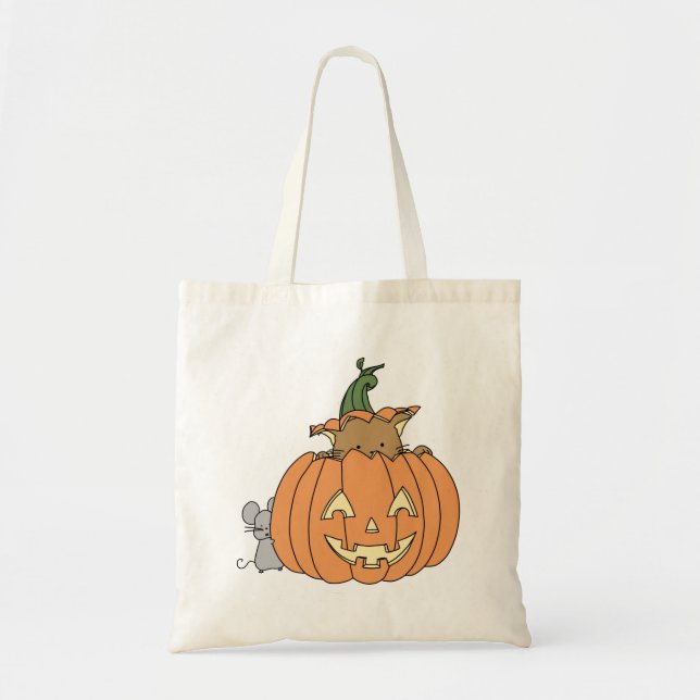 Fall Cat in Pumpkin Jack’o’lantern and Mouse Tote Bag (Front)