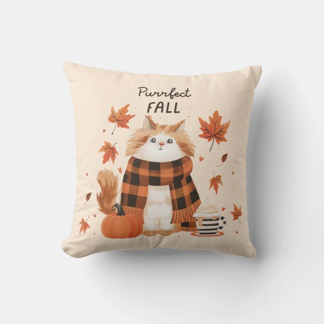 Fall Cat Throw Pillow – Cozy Autumn Decor (Front)