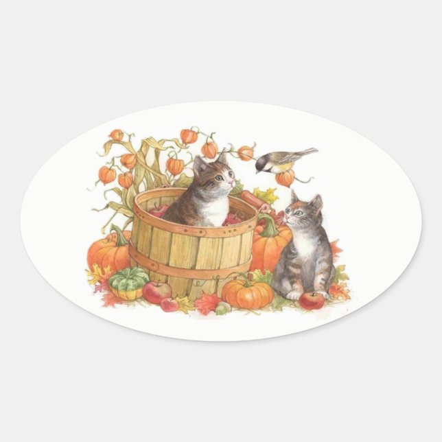 Fall Cats and Bird Oval Sticker (Front)