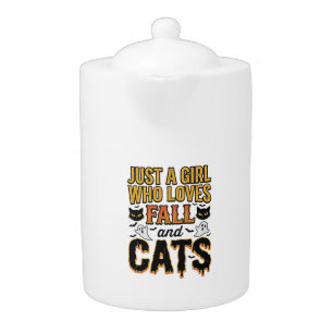 Fall Cats Halloween Girl Vintage Graphic Design_1 Teapot