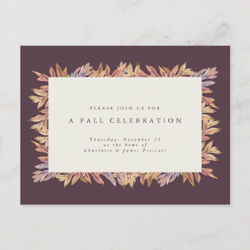 Fall celebration autumn leaves simple plum invitation postcard