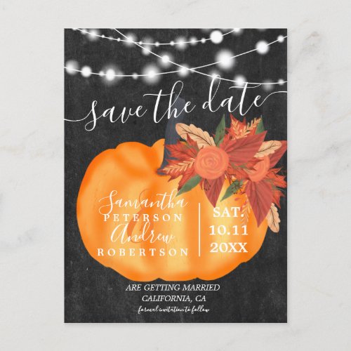 Fall chalk pumpkin string lights save the date announcement postcard