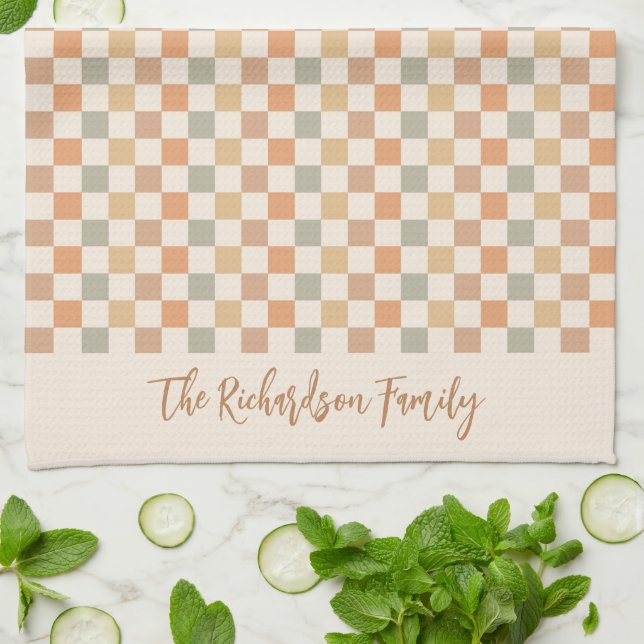 Fall Checkered Pattern Autumn Plaid Custom Name Kitchen Towel (Folded)