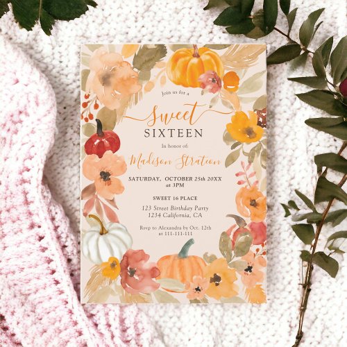 Fall Chic Boho pumpkin floral Sweet 16 birthday Invitation