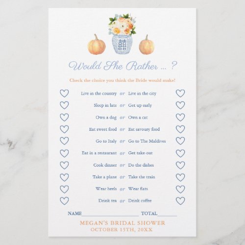 Fall Chic Would She Rather Bridal Shower Game Card