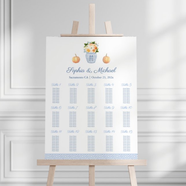 Fall Chinoiserie 15 Tables Wedding Seating Plan Foam Board (15 tables seating chart with pumpkins and ginger jars for Fall wedding, bridal shower or baby shower)