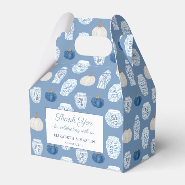 Fall Chinoiserie Blue Pumpkins Wedding Shower Favor Boxes (Front Side)