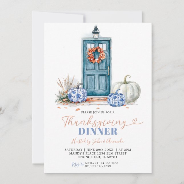 Fall Chinoiserie Thanksgiving Dinner Party Pumpkin Invitation (Front)