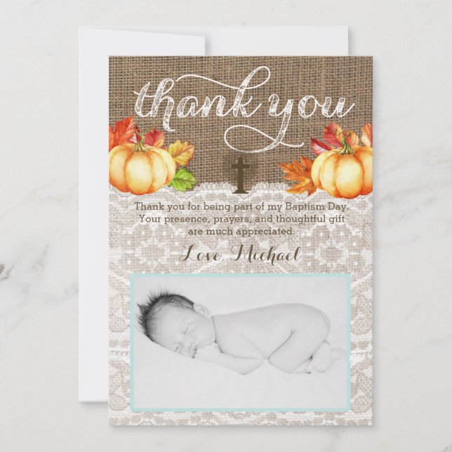 Fall Christening Thank You Cards for Boy, Pumpkins (Front)