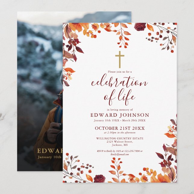 Fall Christian Celebration Of Life Funeral Photo Invitation (Front/Back)