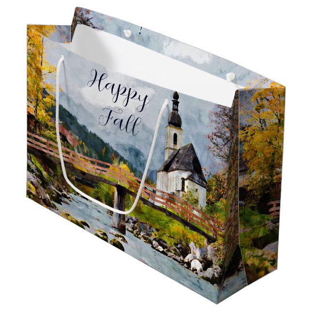 Fall church and trees with customizable text  large gift bag (Front Angled)