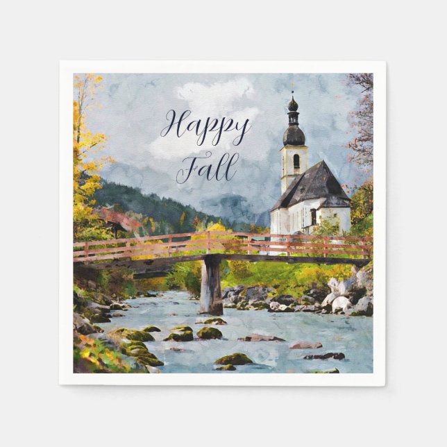 Fall church and trees with customizable text  napkins (Front)