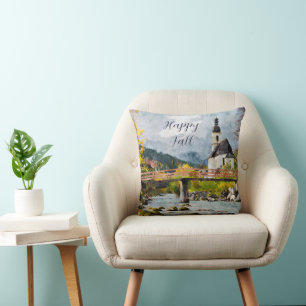 Fall church and trees with customizable text throw pillow