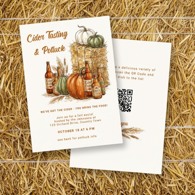 Fall Cider Tasting and Potluck Bonfire Social Invitation (Rustic Potluck with QR code fall invitation, with cider and pumpkin design by Darling & May)