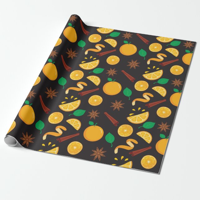 Fall Cinnamon Sticks and Oranges Seamless Autumn Wrapping Paper (Unrolled)
