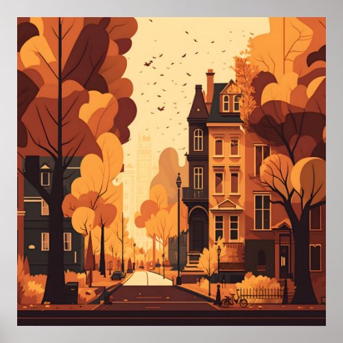 Fall City Street Rustic Orange Red Yellow Brown Poster