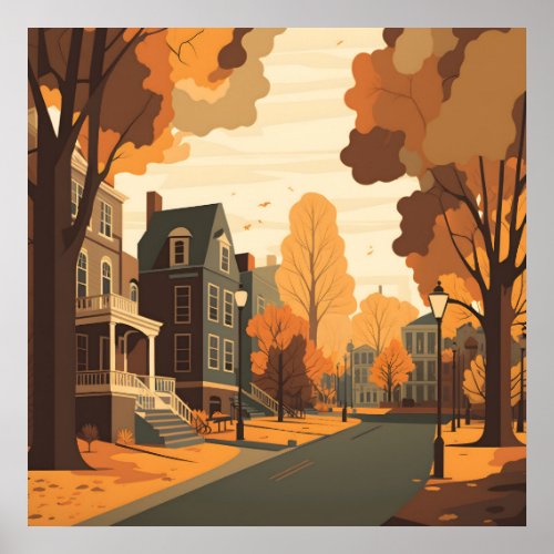Fall Cityscape Rustic Orange Red Yellow Brown Poster