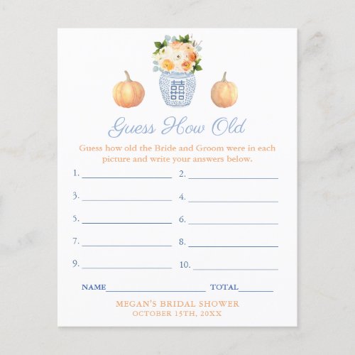 Fall Classic Guess How Old Bridal Shower Game Card