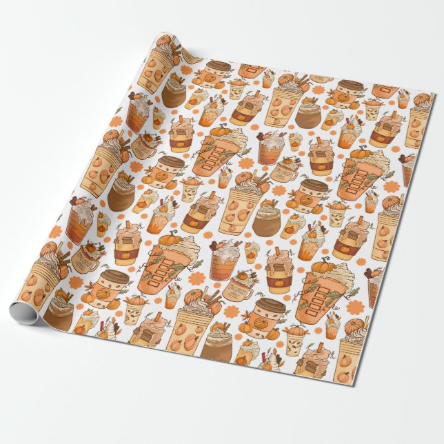 Fall Coffee Latte Pumpkin Pattern Wrapping Paper (Unrolled)