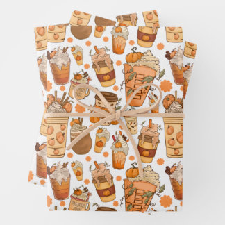 Fall Coffee Latte Pumpkin Pattern Wrapping Paper Sheets