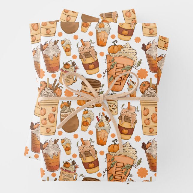 Fall Coffee Latte Pumpkin Pattern  Wrapping Paper Sheets (In situ)