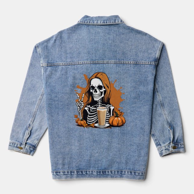 Fall Coffee Skeleton Halloween Denim Jacket (Back)