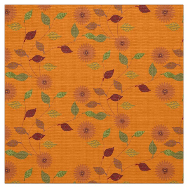 Fall Collection Bright Orange Flower Leaf Pattern Fabric (Swatch)