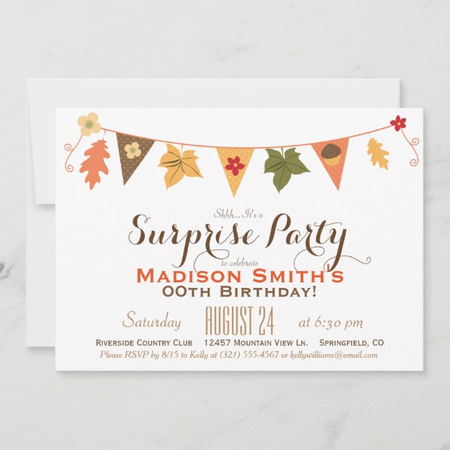 Fall Color Leaves Bunting Birthday Surprise Party Invitation (Front)