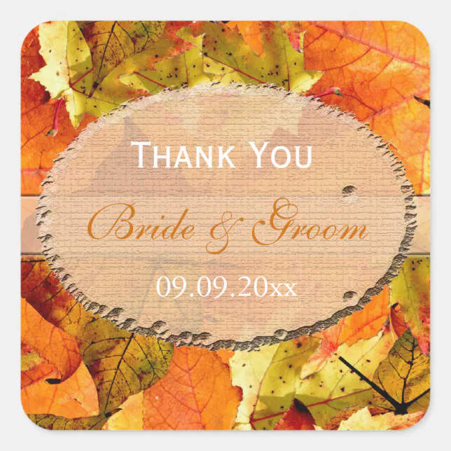 fall color leaves wedding favor thank you square sticker | Zazzle