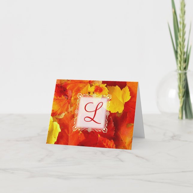 Fall Colored Leaves Monogrammed Blank Note Card (Front)