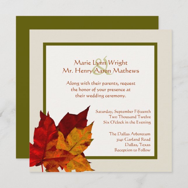 Fall Colored Leaves Wedding Invitation (Front/Back)