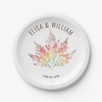 Fall colorful leaf print brown wedding paper plate