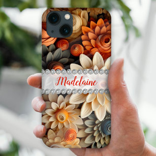 Fall colors 3D flowers, diamond frame custom iPhone 13 Case