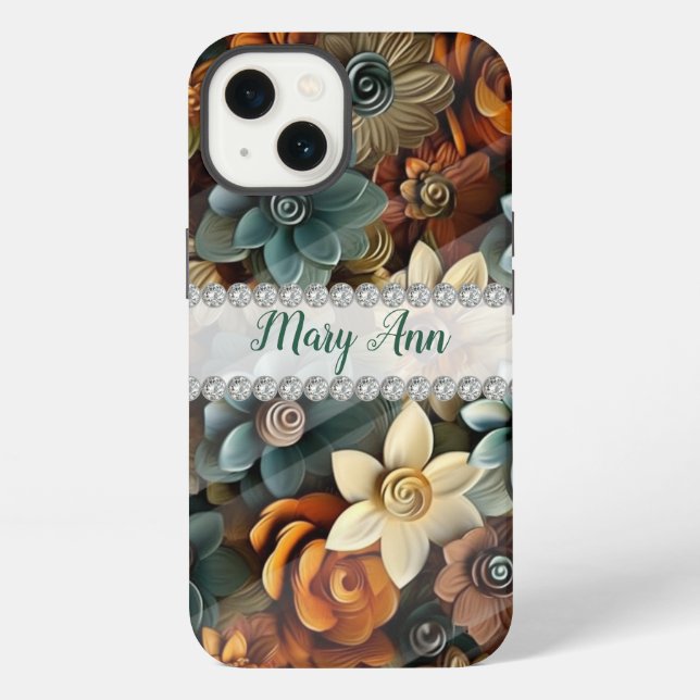 Fall colors 3D flowers, diamond frame custom Iphone Case (Back)