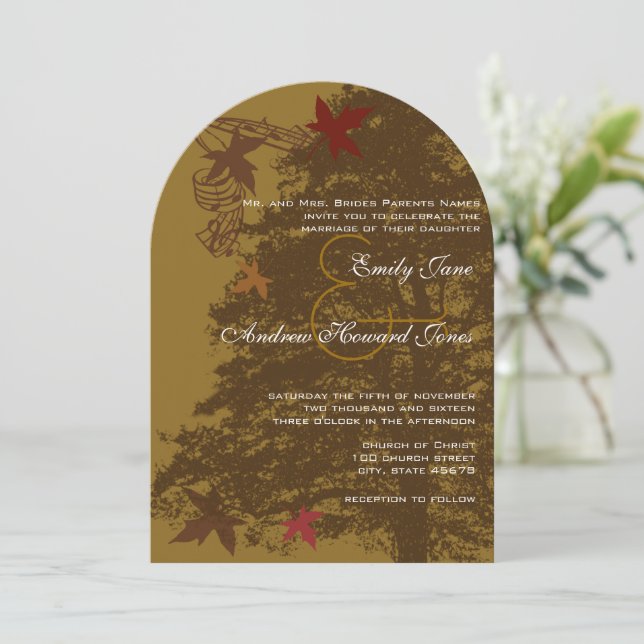 Fall Colors Brown Oak Tree Wedding  Invitation (Standing Front)