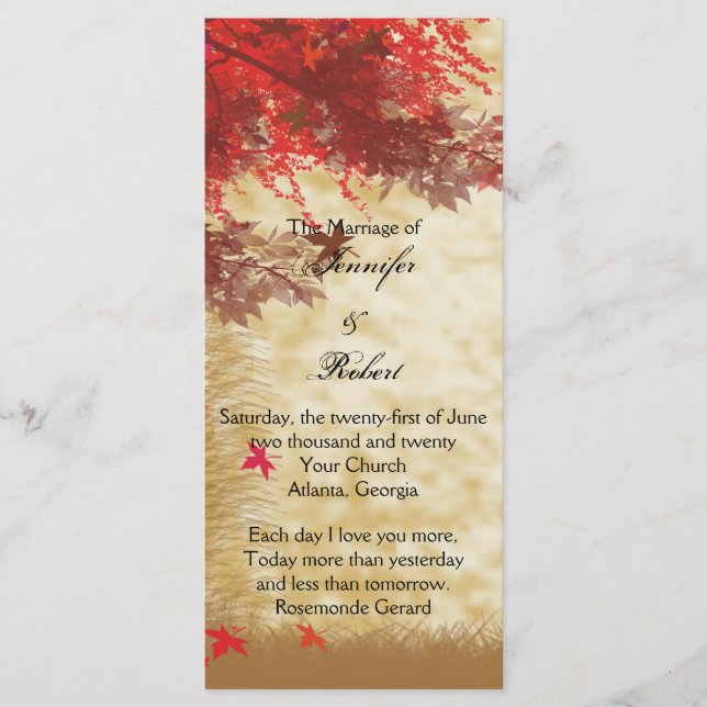 Fall Colors: Burgundy and Red Wedding Program (Front)